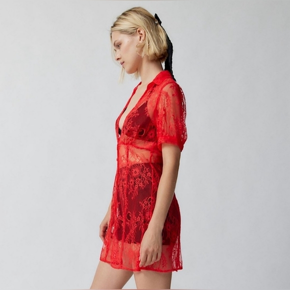 Urban Outfitters Connie Sheer Lace Mini Dress in Bright Red - Picture 3 of 9